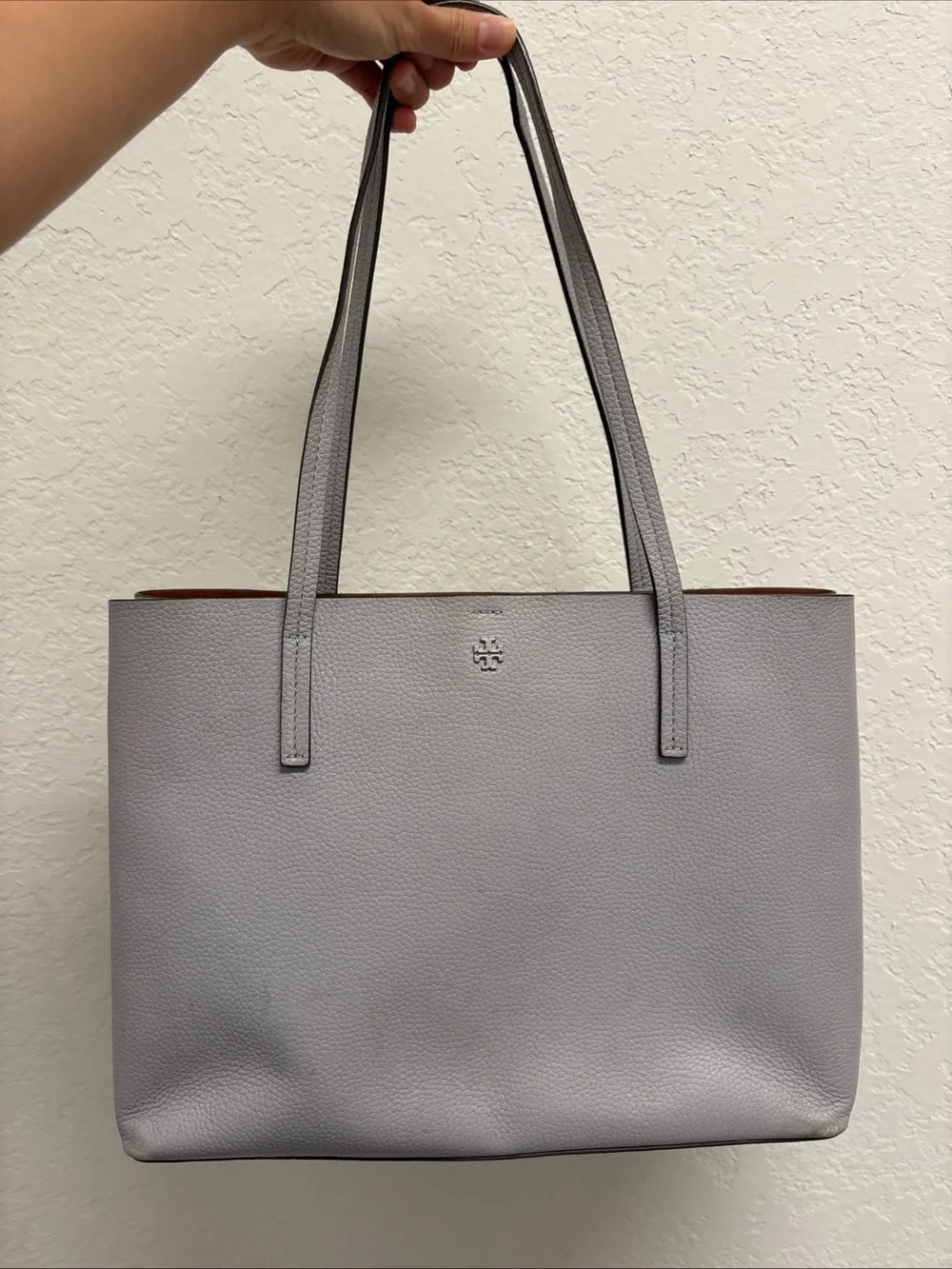 Tory Burch Light Gray Pebbled Leather Tote Bag